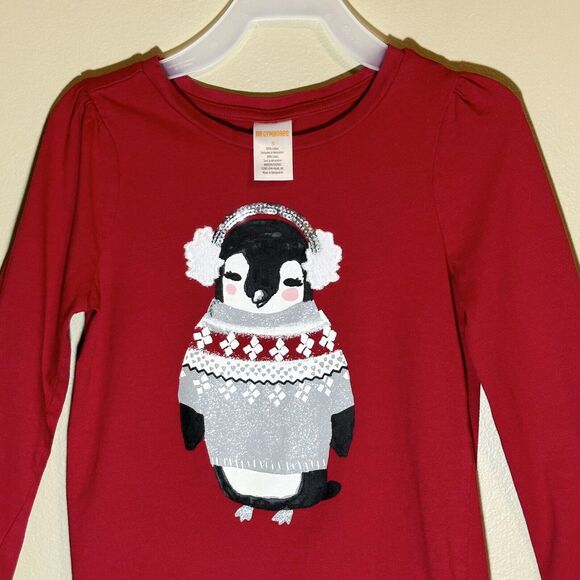 Gymboree Size 5 Holiday Red Penguin Shirt Ear Muffs Glitter Sequins - Picture 4 of 5